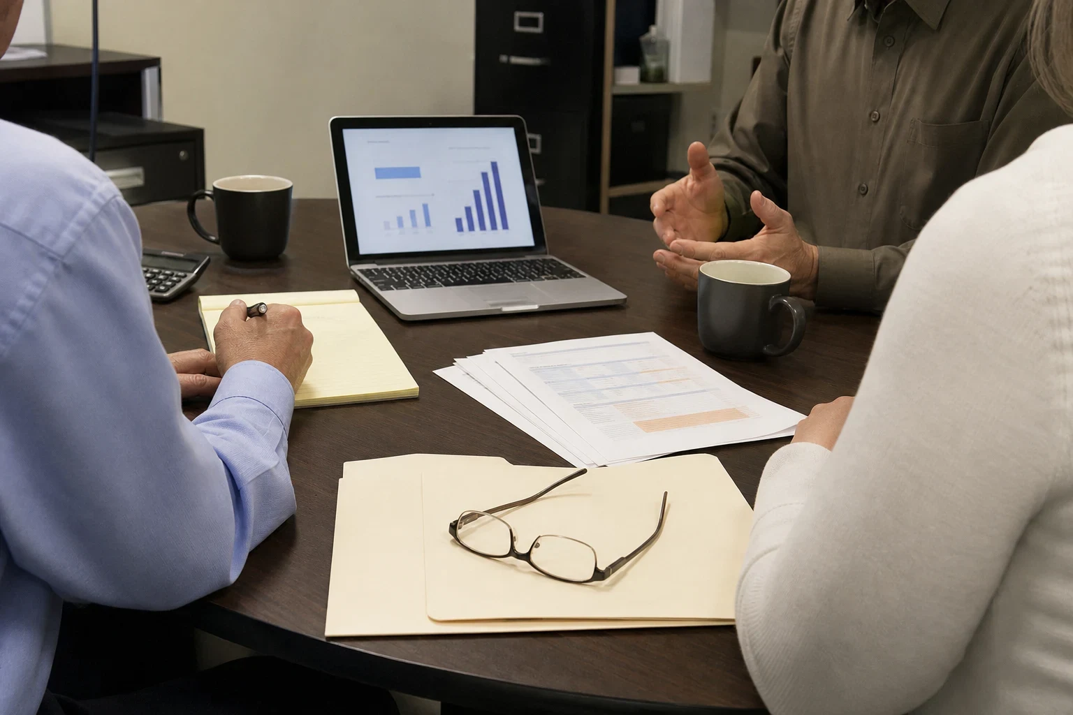 Agent in a blue button-down takes notes on a legal pad at a round office table while a man and woman discuss charts on a laptop, with papers and folders