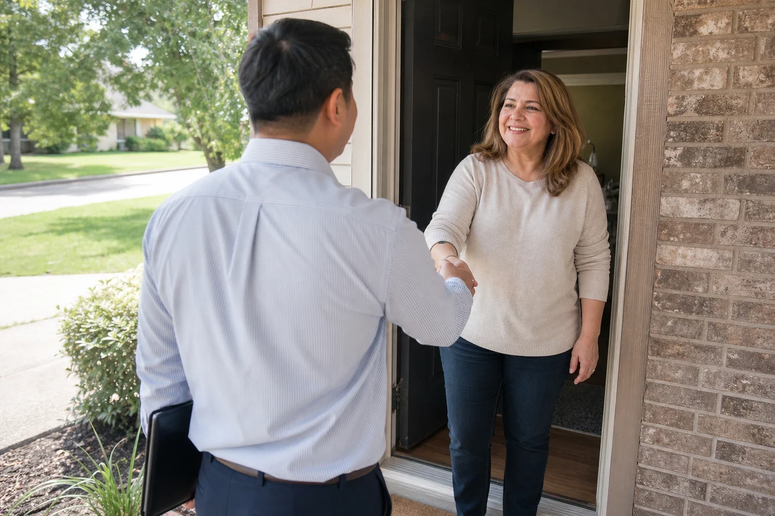 Agent in a blue striped shirt holding a folder shakes hands with a smiling woman at the front door of a brick suburban home, lawn and street behind